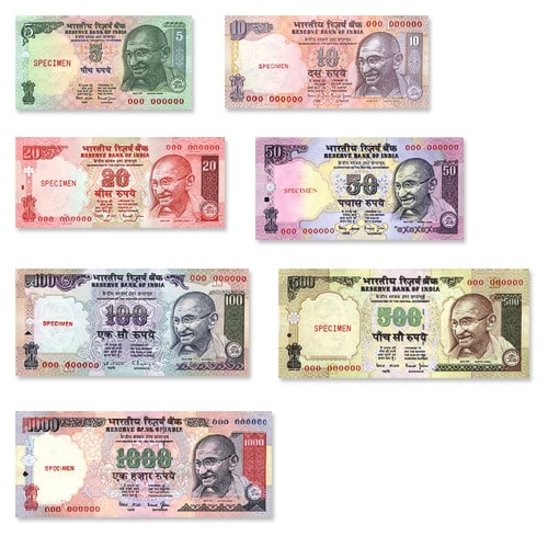 Billetes de 5, 10, 20, 50, 100, 500 y 1000 rupias
