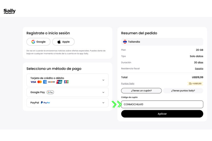 Descuento Saily: eSIM barata y sin complicaciones 5 Añade el código CONMOCHILA10