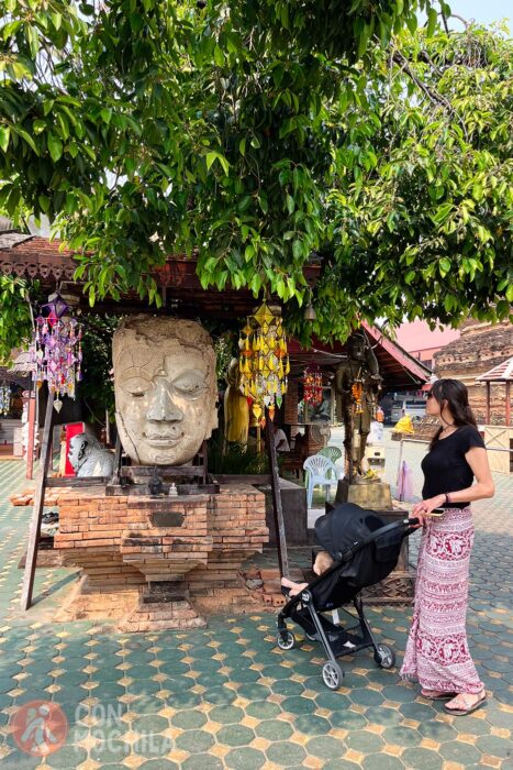 Wat Jet Lin, un templo con estanques y puentes de bambú en el corazón de Chiang Mai 13 Contemplando, a solas, una cabeza enorme de Buda