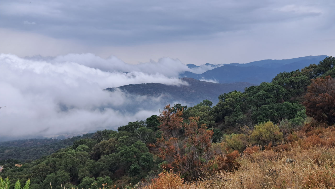 Etapa 2: Sant Pere de Rodes - Sant Quirze de Colera. Transpirenaica GR11. 1 Las nubes amenazan lluvia en la subida a Puig del Trauc