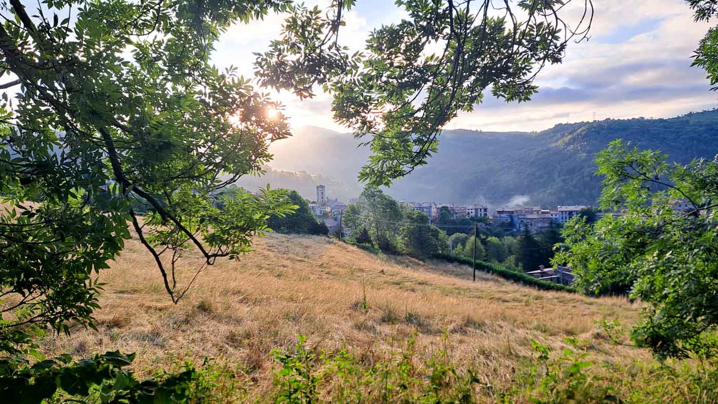 Etapa 9: Molló - Cabaña de Tirapits. Transpirenaica GR11. 1 Amanecer sobre campos y arboles