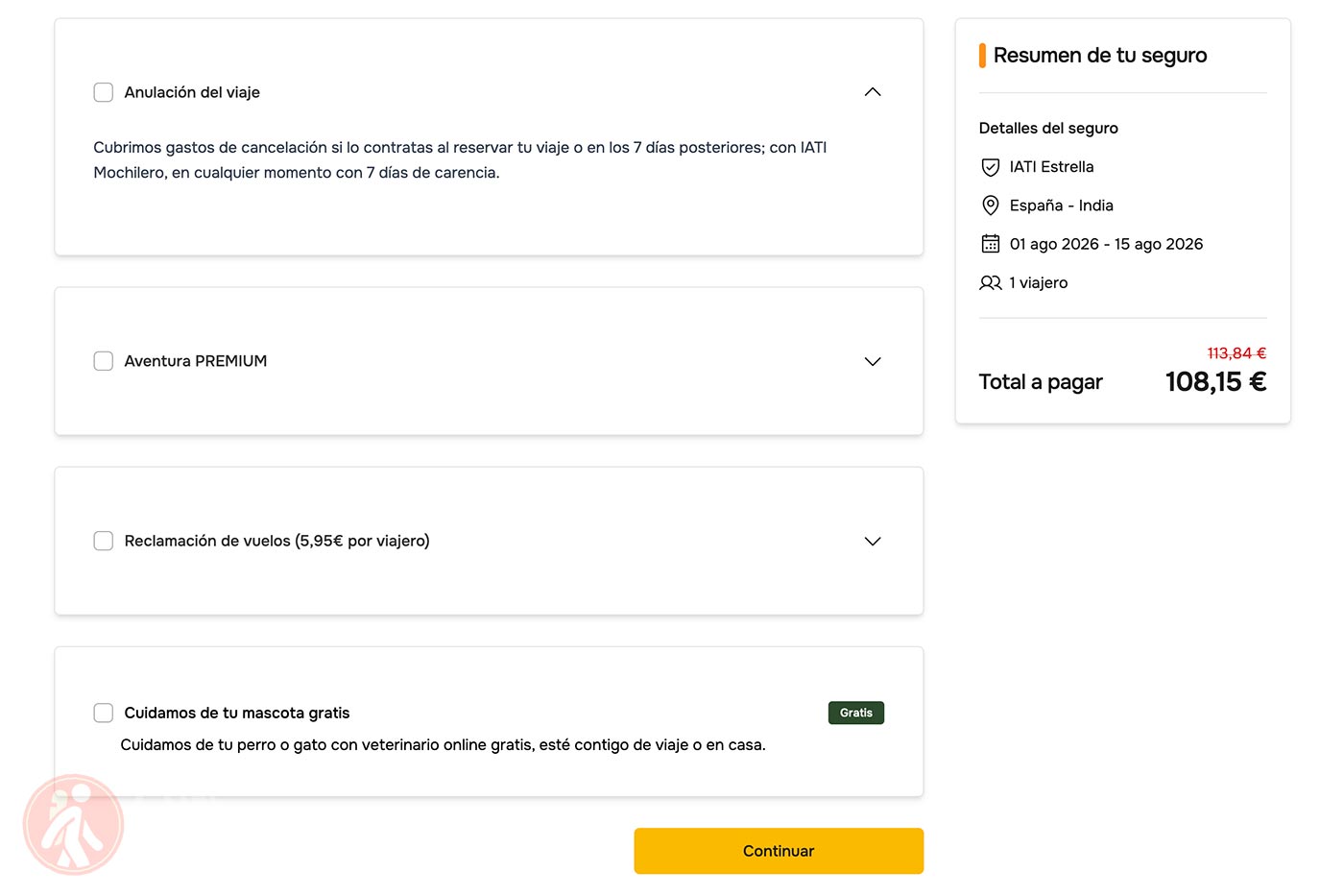 Descuento IATI hasta 30% oficial en 2026 (5% siempre activo) 8 Paso 3: selecciona (si quieres) coberturas opcionales y continúa.