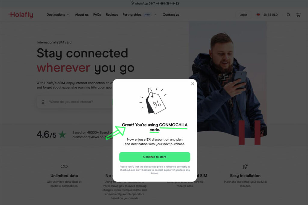 Holafly website with the discount activated