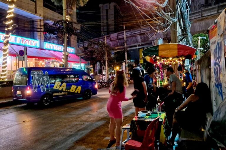 The center of Bangkok, where one of the red light districts with street bars is located.
