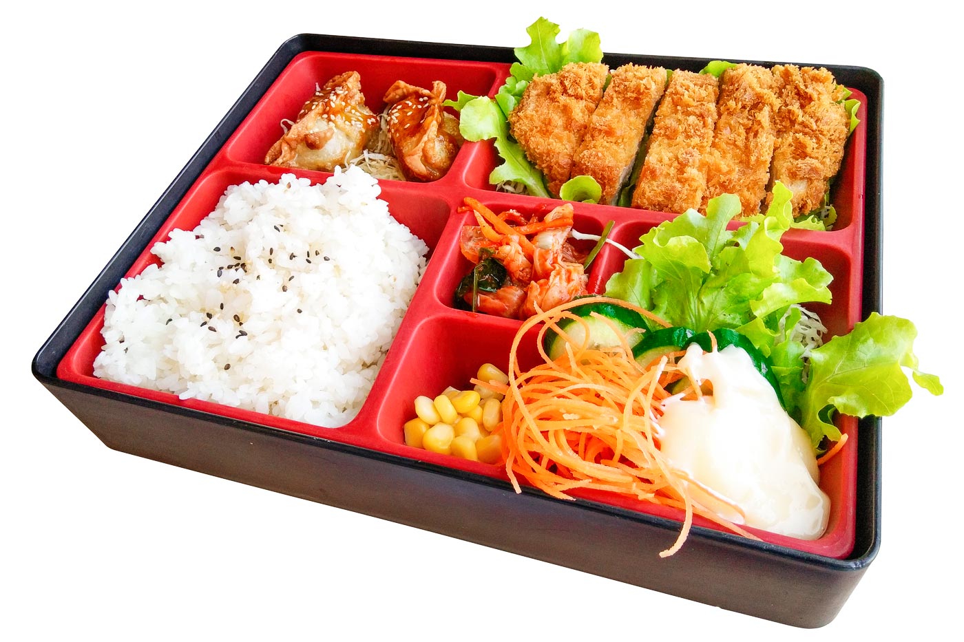 A very typical bento box: white rice, tonkatsu (breaded pork fillet), and some vegetables to accompany it.