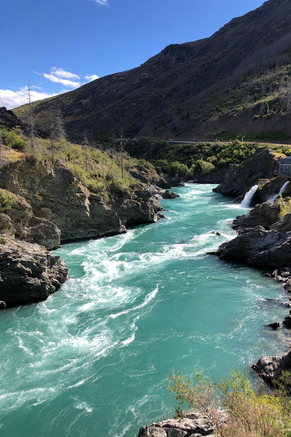 The hydroelectric plant on the right with “Roaring Meg”