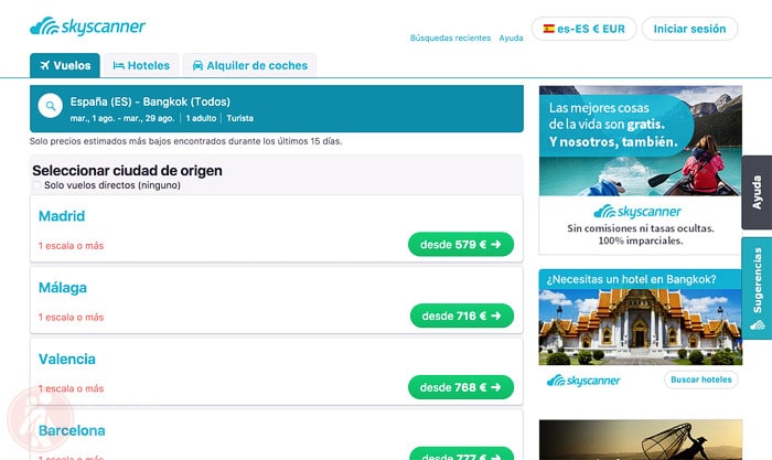 Resultados y precios según el aeropuerto de salida