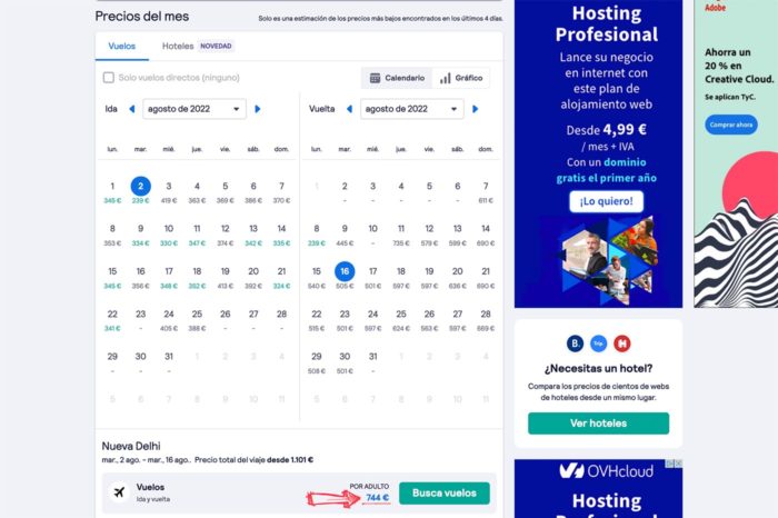 Buscado vuelos económicos a Delhi del 2 al 16 de agosto