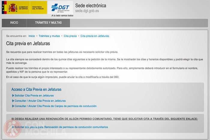 Página para solicitar cita previa de la DGT para el carnet de conducir internacional