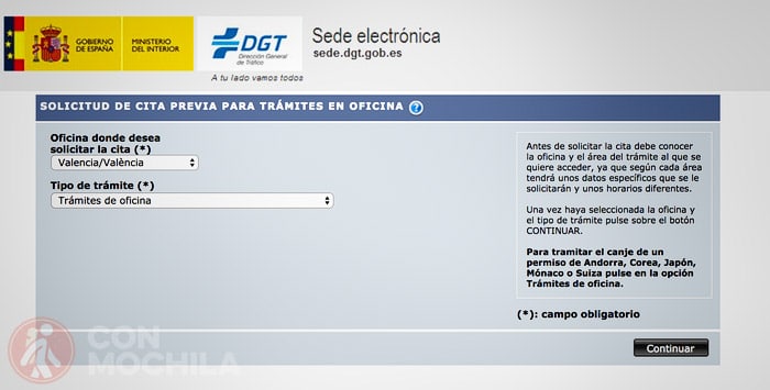 Seleccionar provincia y "trámites de oficina"