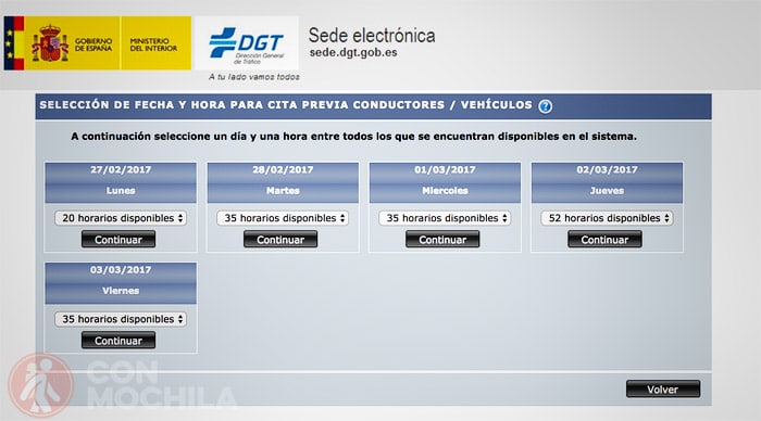 Seleccionar día y hora para la cita previa en jefatura de tráfico