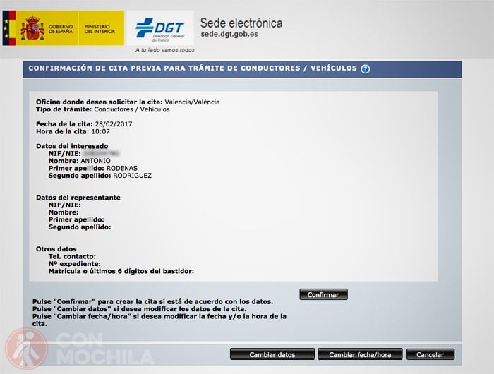 Confirmación de cita previa para tu carenet internacional de conducir