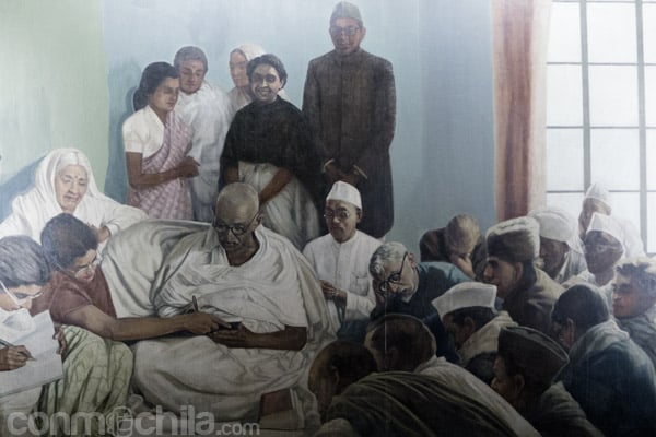 Pintura de una escena en el Sabarmati Ashram