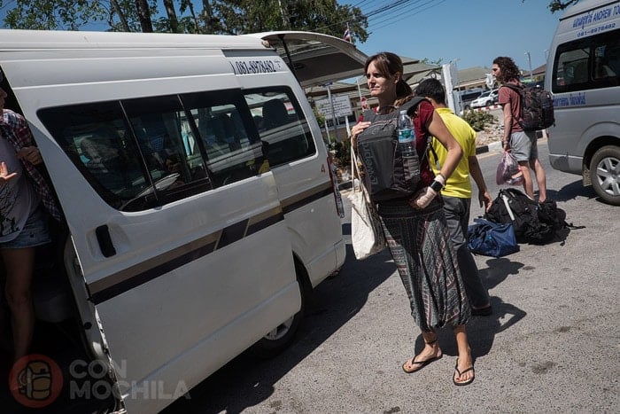 Getting on minivan in Pak Bara