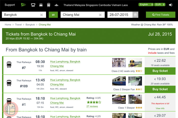 Los resultados para viajar en tren en 12go.asia