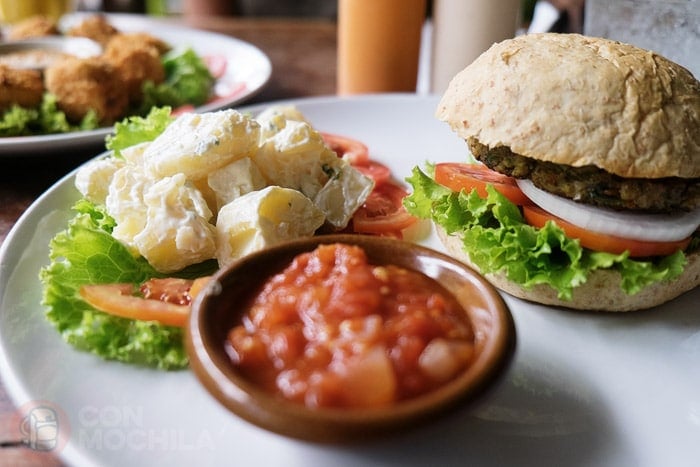 Hamburguesa vegetariana con una generosa ensalada