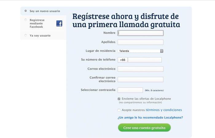 Página de registro en Localphone