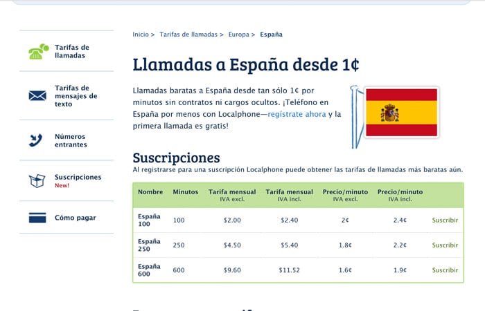 Tarifas para llamar a España