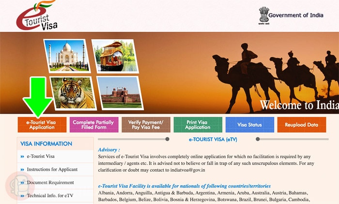 Página principal de Indian e-Tourist Visa