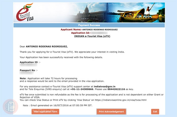Pago del visado de India online realizado con éxito