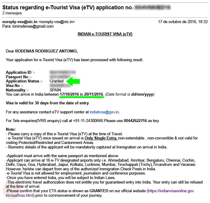 Visado de India online APROBADO (Granted)