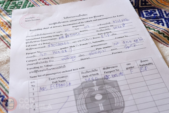 Formulario de inspección de vehículos para entrar a Laos