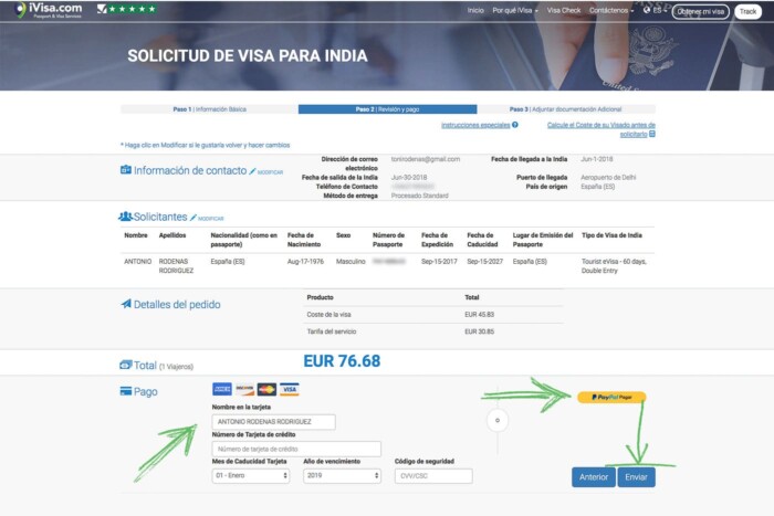 Formulario de pago del eVisa India