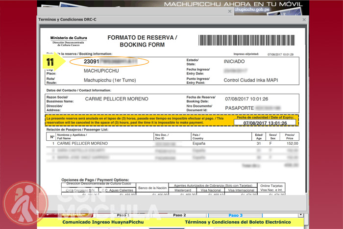 Formulario de reserva de las entradas