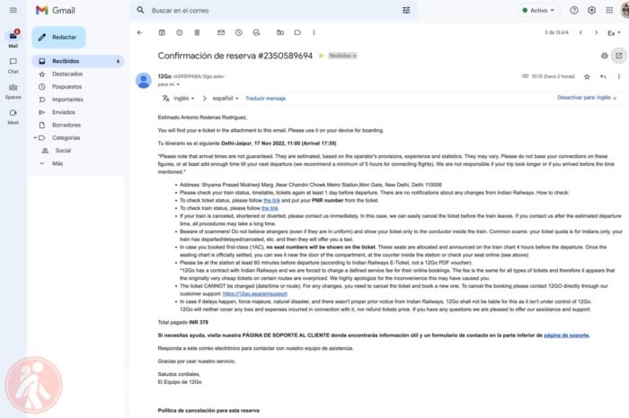 Mail de confirmación de reserva