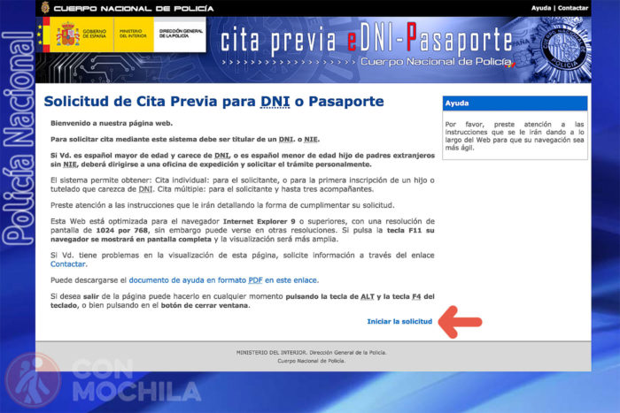 1. Haz click en "Iniciar la solicitud" para hacer el pasaporte con cita previa