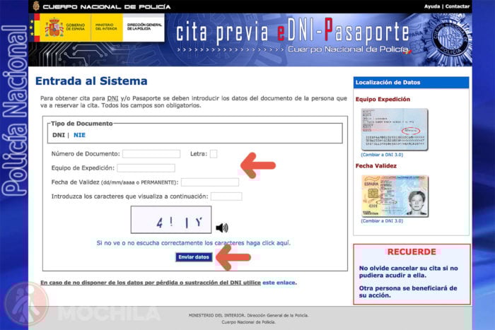 2. Introduce tus DATOS del DNI y haz click en enviar