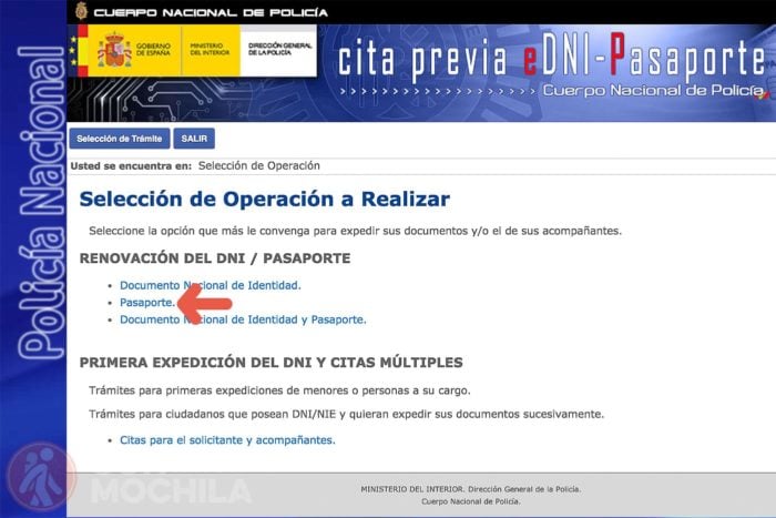 3. Selecciona PASAPORTE de entre las operaciones a realizar