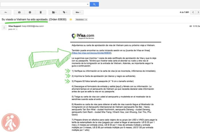 El mail de confirmación de nuestro visado de Vietnam