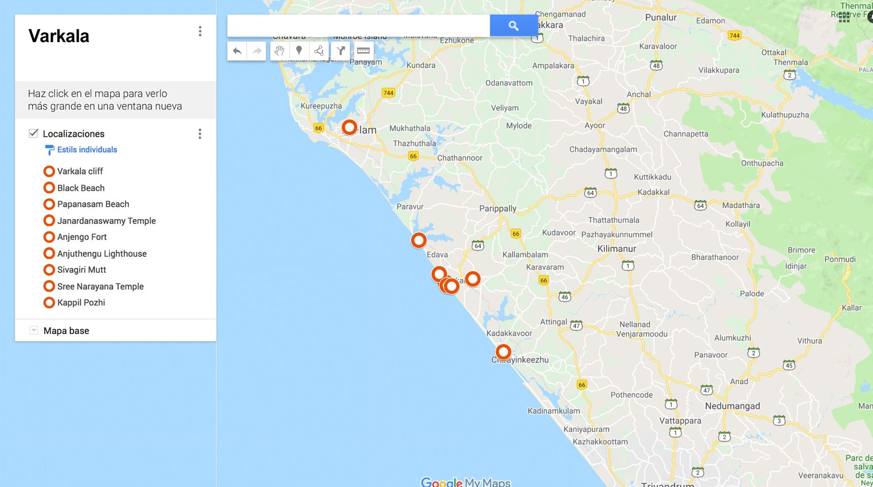 Mapa de Varkala