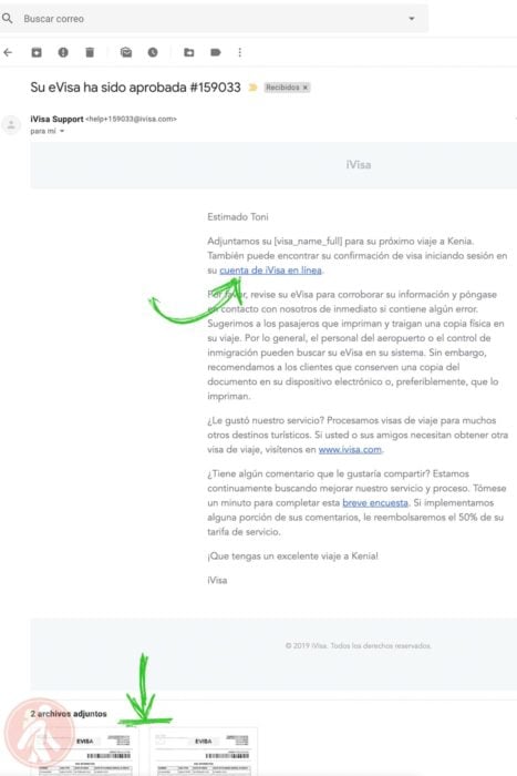 Mail con el visado de Kenia en PDF