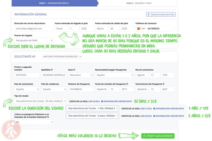 Introduce todos tus datos personales y tipo de visado