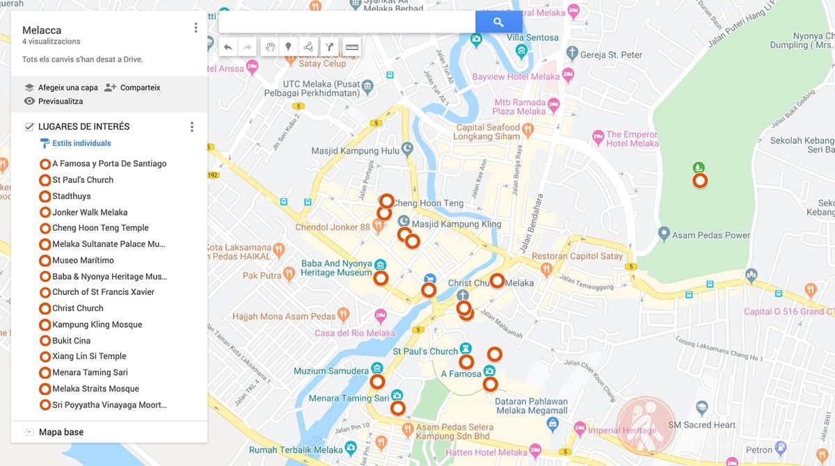 Mapa de Melaka, puntos de interés