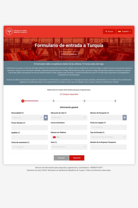 Página principal del formulario de entrada a Turquía