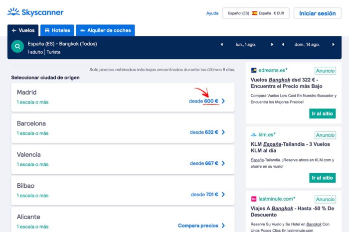 Resultados y precios según el aeropuerto de salida de España a Bangkok