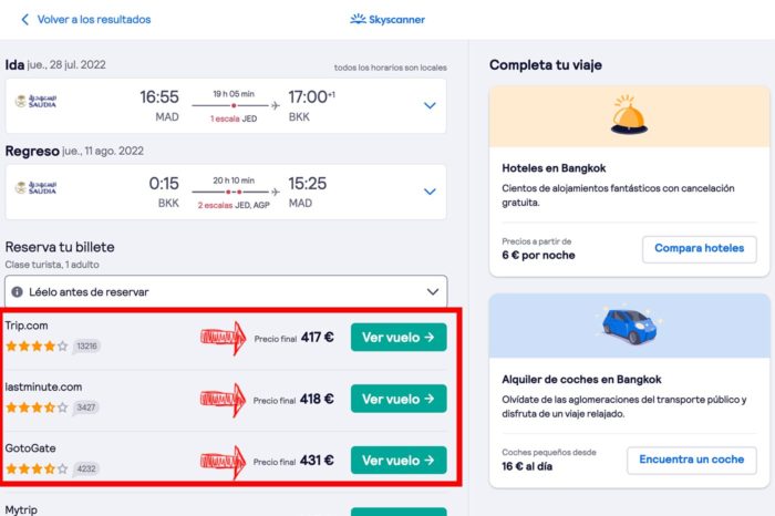 Precios del vuelo a Bangkok de diferentes agencias