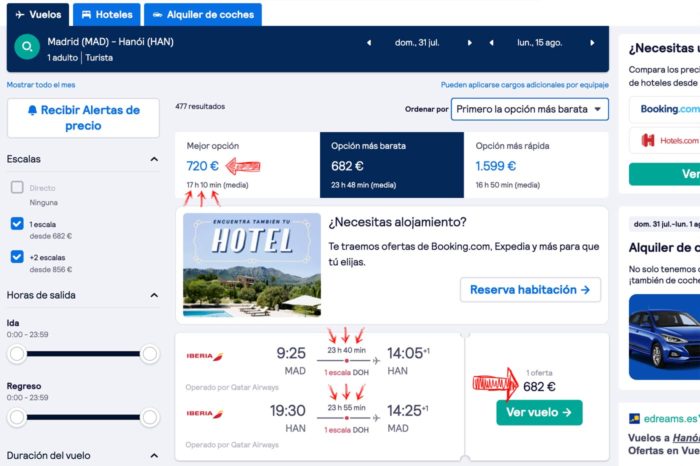 Vuelo de Madrid a Hanoi por 682€ con Iberia (operado por Qatar) aunque muy largo