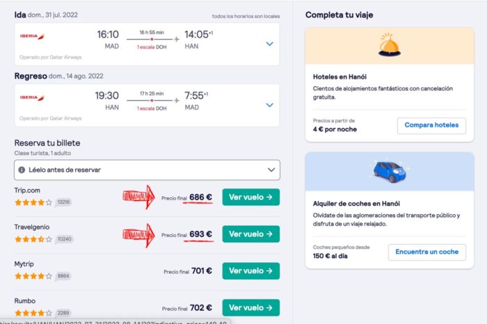 Precios del vuelo a Hanoi de diferentes agencias