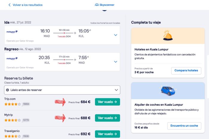 Precios del vuelo a Kuala Lumpur de diferentes agencias