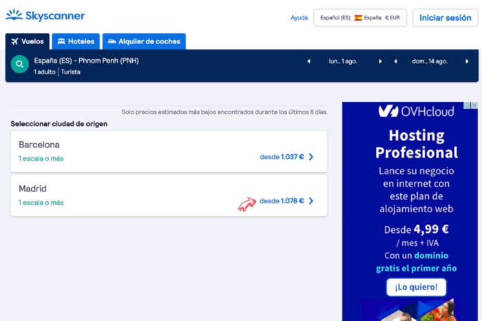 Resultados y precios según el aeropuerto de salida de España a Phnom Penh