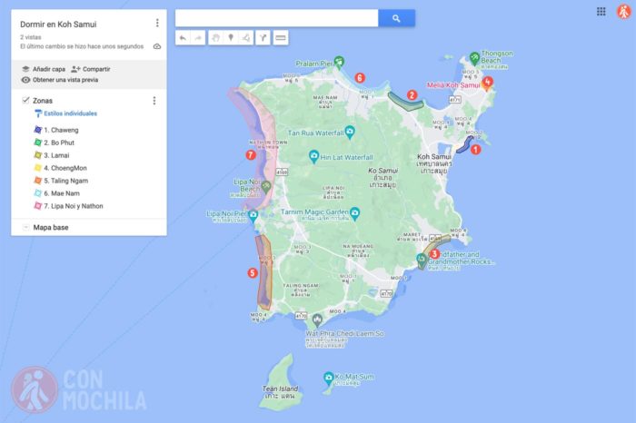 Mapa de zonas donde dormir en Koh Samui