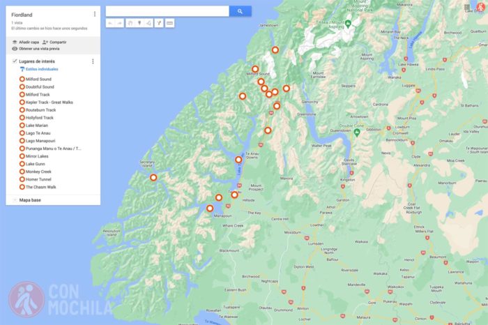 Mapa Fiordland