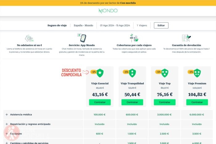 Selecciona uno de los seguros Mondo que mejor se ajuste a tu viaje