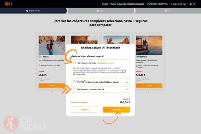Ventana emergente con diferentes coberturas adicionales