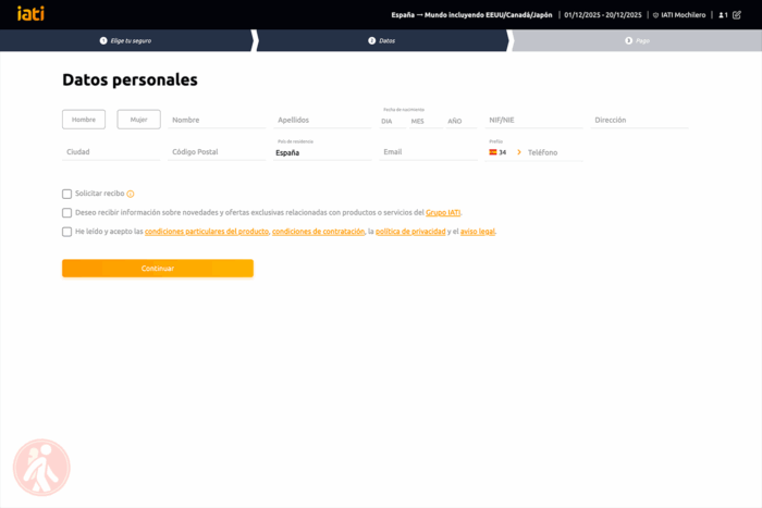 Pantalla donde poner tus datos personales