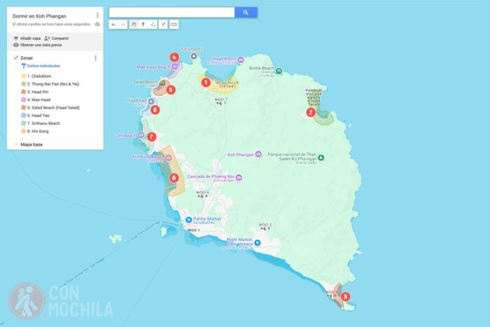 Mapas con las zonas donde dormir en Koh Phangan